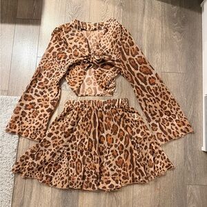 Leopard Print Tie-Front Top & Skirt Set